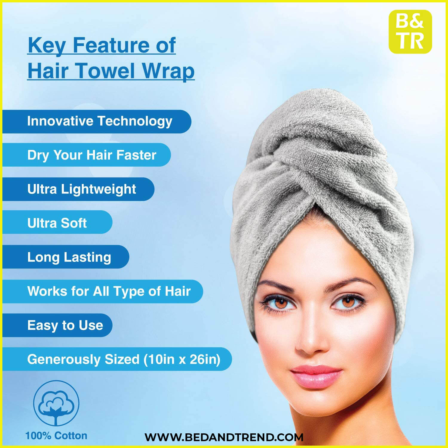 Towel Wrap Quick Dry 100% Cotton Super Absorbent Turban Head Wrap for Women  - Bed & Trend